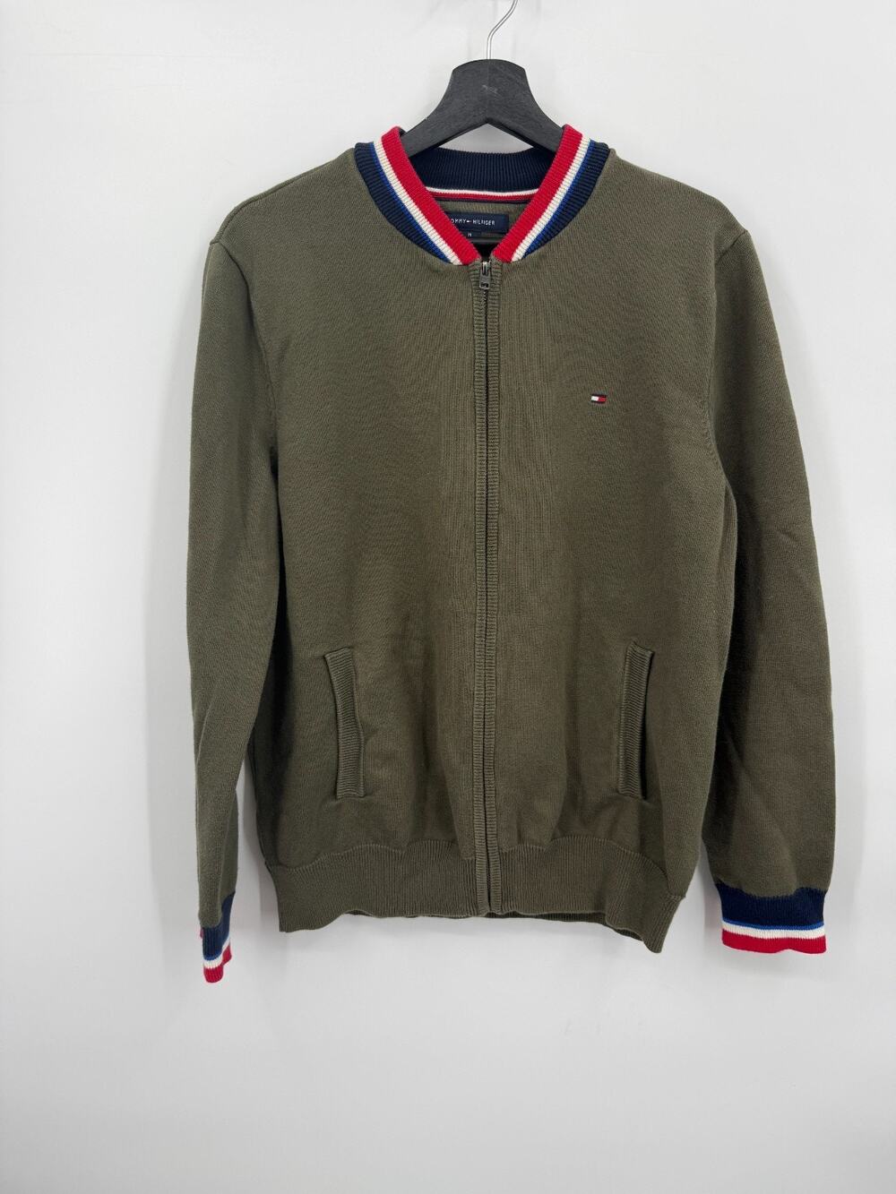 Tommy Hilfiger Mens Full Zip Bomber Sweater Green Varsity Stripe 78E6764 Size M